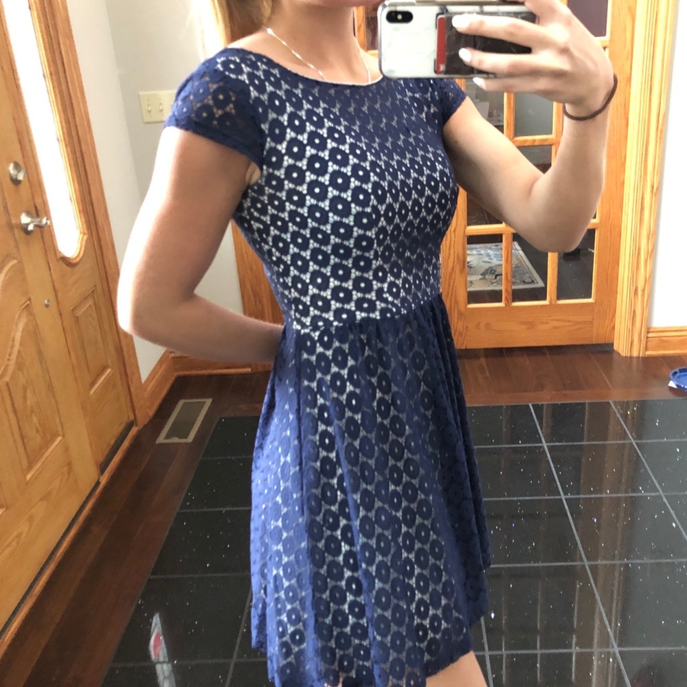 B. Darlin blue and white patterned skater dress